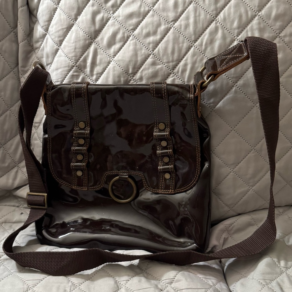 Sofia C Italian Genuine Glossy Leather Dark Brown Over Shoulder Vtg Shiny Bag